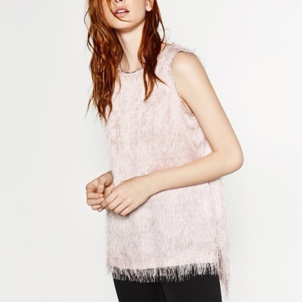 Zara Women's Beige Fuzzy Sleeveless Blouse